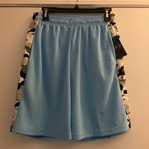 Galaxy By Harvic men’s knit athlete shorts. Size M, blue with camouflage insets.